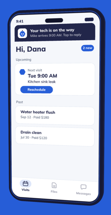 A phone showing a client portal: the next visit, past visits and messages.